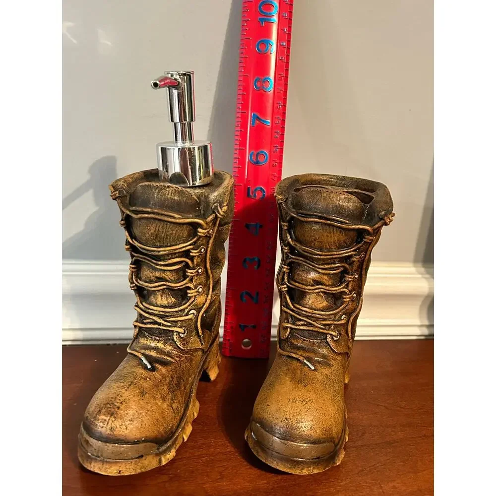 Vintage Western Cowboy Boot Soap Dispenser Toothbrush Holder Set Rustic